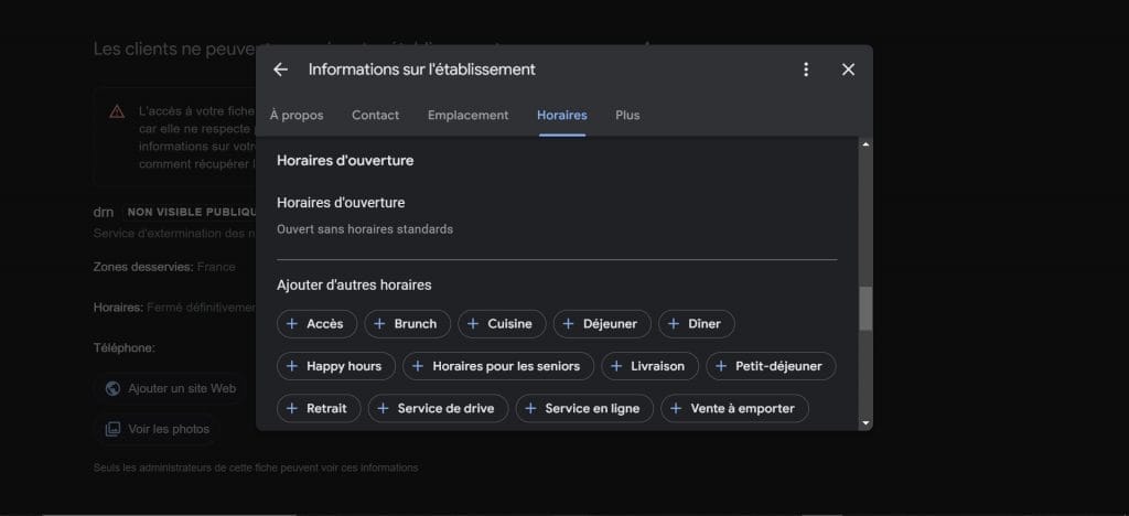 Horaire fiche GMB, établissement Google My Business