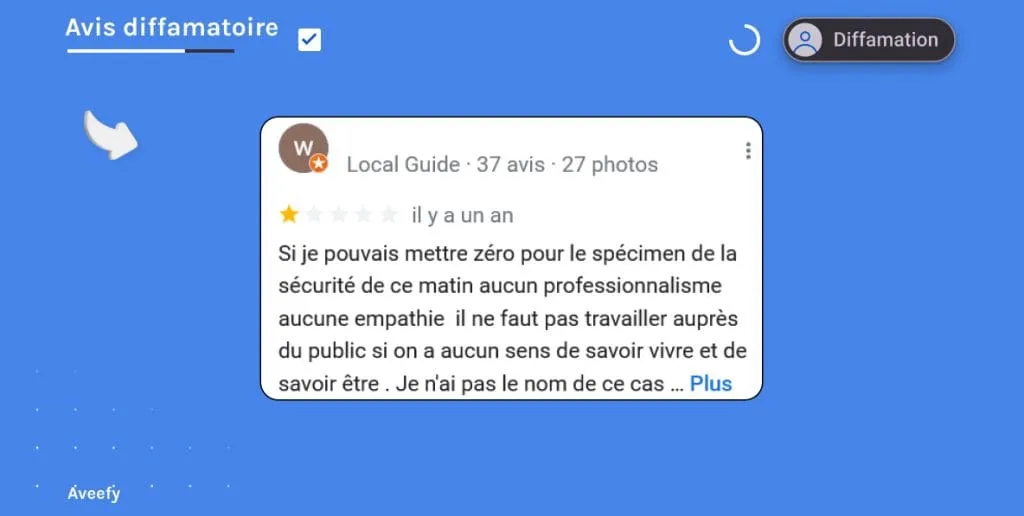 avis dénigrants critique personnel sur l'agent de sécurité d'un établissement Google