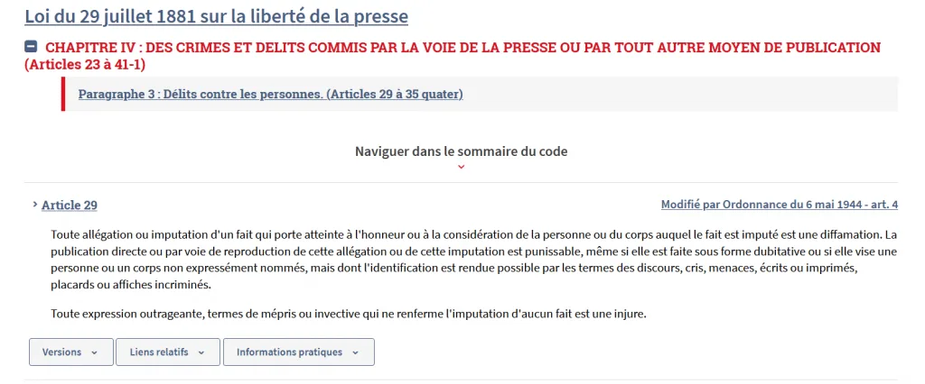 Diffamation, Loi du 29 juillet 1881 sur la liberté de la presse