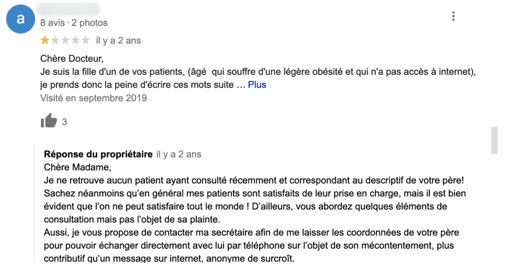 Avis Google négatif sur la fiche Google My business d'un médecin généraliste