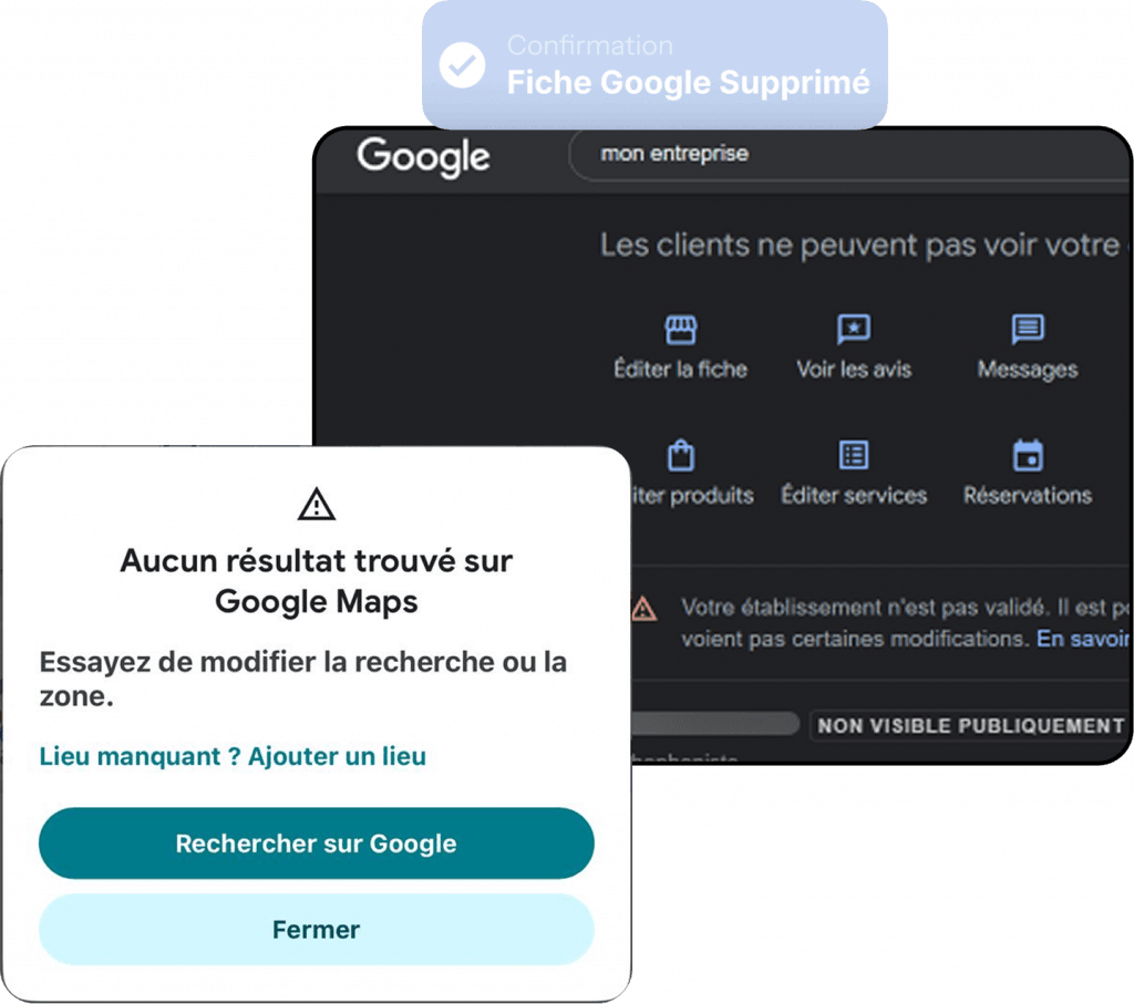 Suppression fiche Google my Business des services de Google Maps. Message erreur fiche établissement introuvable
