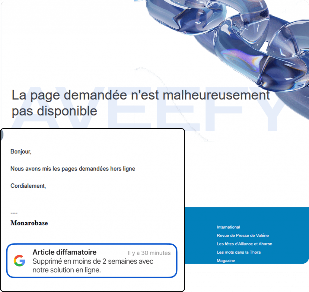 Article diffamatoire déréférencé en moins de 2 semaines par l'équipe Aveefy